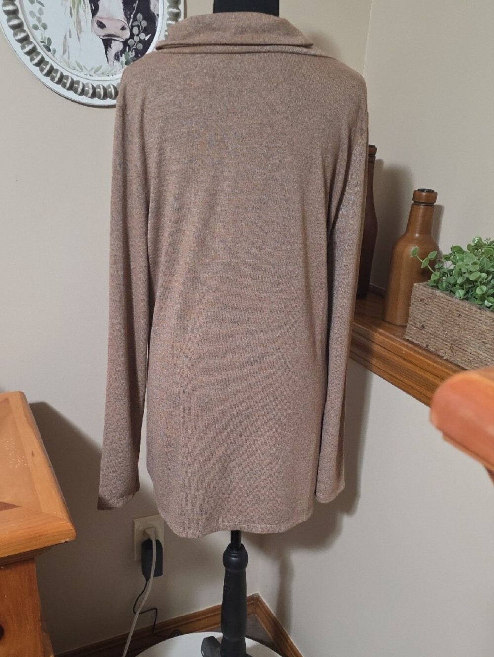 Cozy Taupe Long-Sleeve Drape Neck Dress with Zip Detail - Picture 4 of 6